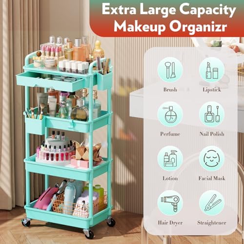 SUNALLY Makeup Cart Organizer with Drawer, 4 Tier Rolling Makeup Cart, Blue