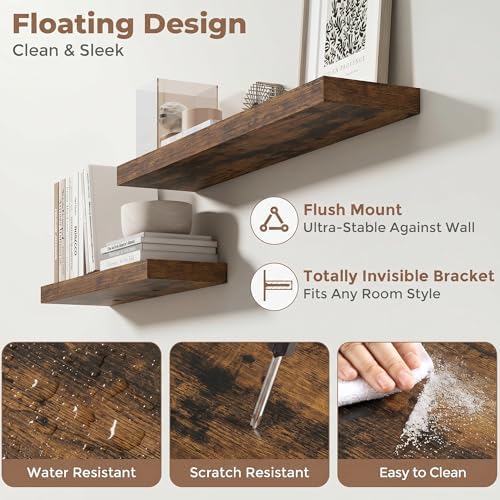 FLYJOE 55 Inch Floating Shelves for Wall Set of 2, 6.5" D Wood Grain Bathroom Shelves with Invisible Brackets, Easy Inst