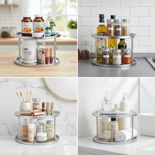 Lazy Susan 2-Tier Stainless Steel Turntable Organizer for Medicine, Vitamin and Pill Bottle Organizer 360° Rotating Tray