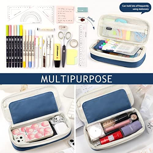 KPX Big Capacity Pencil Pen Case Bag with Zipper Office College School Storage Large Capacity Bag Pouch Holder Box Organizer Colorful (Navy Blue)