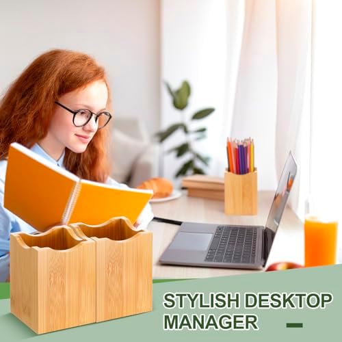 Henoyso 2 Pcs Bamboo Wood Pen Holder Wavy, Square Desktop Organizer