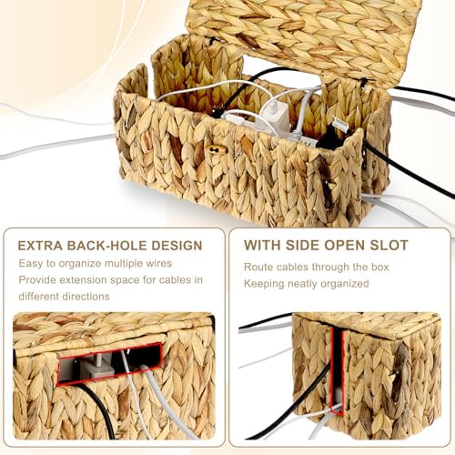 BTSKY Woven Cable Management Box with Lid Water Hyacinth Cord Organizer, L