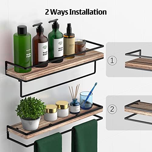 Meangood Floating Shelves Wall Mounted Set of 2, Wall Shelf with Towel Bar Rustic Wood Wall Storage Shelves for Bedroom,