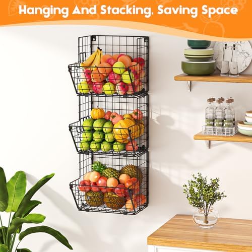 X-cosrack Metal Wire Basket Wall Mount, 3 Tier Wall Storage Organizer with 5 S Hooks, Kitchen Fruits and Vegetables Bin 