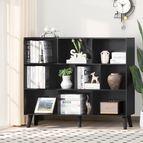 YAHARBO 10 Cube Large Bookshelf,3 Tier Bookcase with Legs,Black Mid-Century Modern Bookshelves,Wide Free Standing Open S