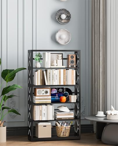 5-Tier Tall Book Shelf, Metal Bookcase with Adjustable Shelves