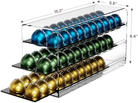 Acrylic Coffee Pod Drawer for Nespresso Vertuo Capsules, 3 Tier 60 Capacity Pods Organizer for Countertop Coffee Bar Hom