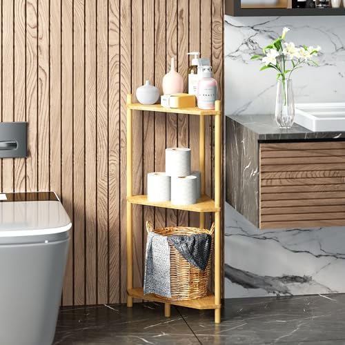 Corner Shelf Stand - 3 Tier Bamboo Small Corner Bookshelf for Office Kitchen Bedroom Plant Stand Living Room Decor Small