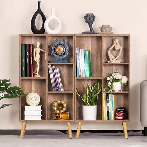 LEYAOYAO 5 Cube Bookshelf, Mid-Century Modern Book Shelf with Legs, Oak