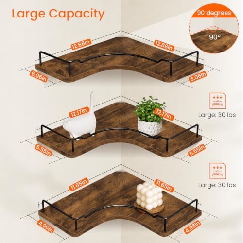 Homode L-Shaped Corner Floating Shelves Wall Mounted Set of 3, Rustic Brown