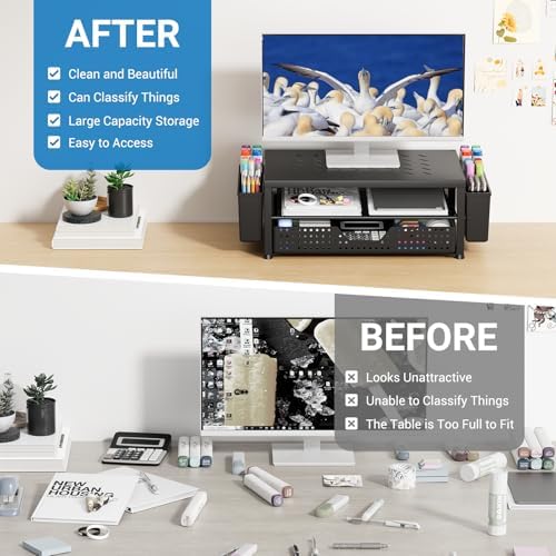 OPNICE Desk Organizer and Accessories, 2-Tier Computer Monitor Stand Riser with Drawer and 2 Pen Holders, Laptop Stand, 