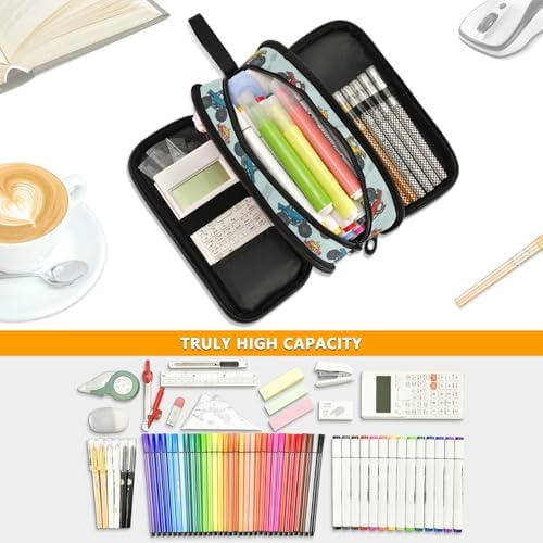 Wfrish Cartoon Monster Trucks Blue Large Capacity Pencil Case, 3 Compartments Pen Pouch Organizer for School College Office, Zippers Big Pencil Bag for Teens Adults Girls Boys Makeup