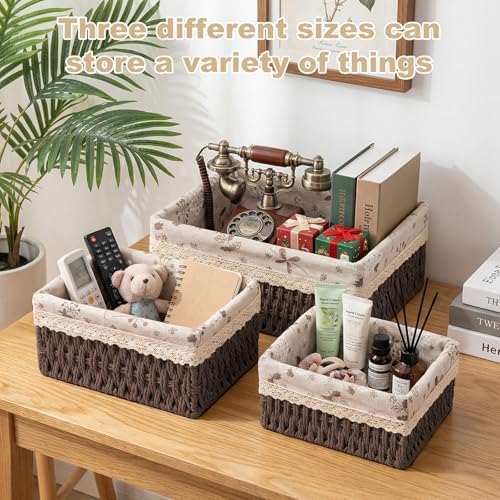 Wicker Storage Baskets, Handwoven Paper Rope Organizer Bins with Removable Floral Liner, Large for Bathroom, Pantry, She