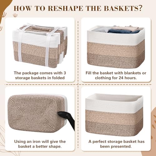 Baskets for Organizing,Storage Baskets,3 Pack Baskets for Shelfves,15"×10"×9" Woven Basket,toy storage bins,bins for organization
