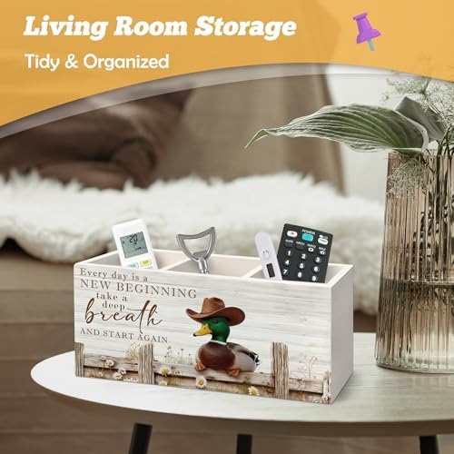 Inspirational Western Cowboy Mallard Duck Pen Holder Organizer for Desk Accessories, Farmhouse Daisy Floral Mallard Duck Wooden Box Sign Desk Decorations for Home Office Decor
