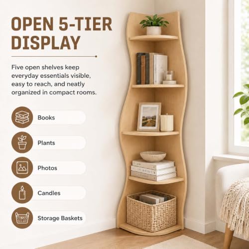 5-Tier Wavy Corner Shelf with Curvy Shape for Small Spacem, Natural Wood