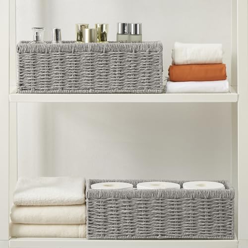 Vagusicc Wicker Storage Basket, Paper Rope Wicker Baskets with Handles, Toilet Paper Basket for Toilet Tank Top, Small Wicke Baskets for Organizing Shelves, 2-Pack, Grey