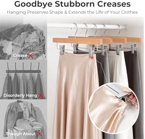 HOUSE DAY Wooden Pants Hangers with Clips, 50 Pack Skirt Hangers, Natural