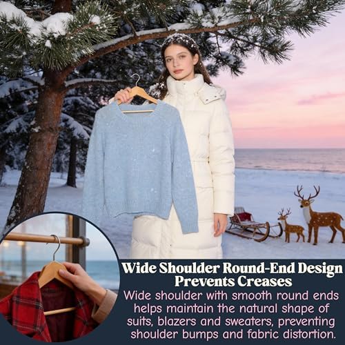 Luxury Wide Shoulder Wooden Suit Hangers with Pants Bar, Solid Wood Jacket Clothes Hangers Smooth Finish for Sweater Dress Pants Sport Coats (Natural, 6 Pack)