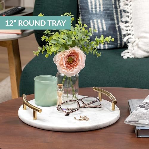 White Marble Tray with Gold Handles - Decorative Round Marble Vanity Tray