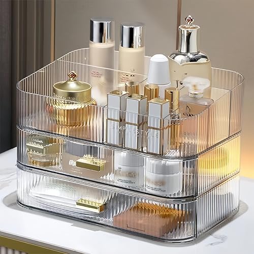 Clear Makeup Organizer for Vanity, Large Desk Organizer with Stackable Drawers for Cosmetics, Skincare, Lipsticks, Eyesh