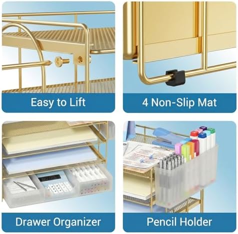 ECOLOVI Desk Organizer, 4-Tier Paper Organizer Letter Tray with File Holder, Drawer and 2 Pen Holders, Desktop File Organizer for Office Supplies, Workspace Storage, Gold