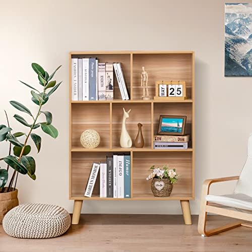 LEYAOYAO Cube Book Shelf, Mid-Century Modern Bookshelf with Legs, Natural