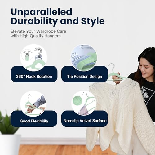 Velvet Hangers 20 Pack - Non-Slip Clothes Hangers with 360° Swivel Hook & Tie Organisers, Slim, Space-Saving Closet Hangers for Coats, Suits & Dresses - Wardrobe Organiser (Mint Green)