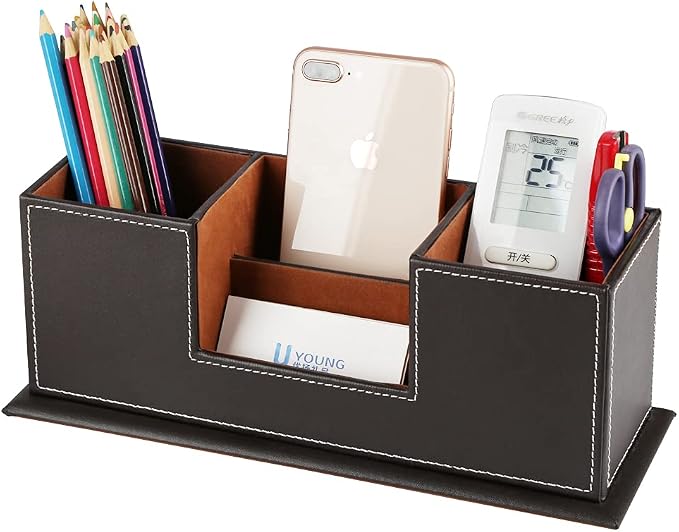 KINGFOM™ Double Holder Wood Leather Multi-Function Desk Stationery Organizer Dark Brown