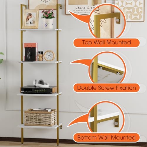 Wolawu Ladder Shelf 4 Tiers Metal Industrial Bookshelf,White Marble Wood Tall Open Storage Rack and Display Shelves,Wall