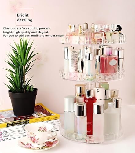 Diamond Pattern Three Layers Perfume Organizer, 360 Rotating Diamond Cosmetic Storage Box Transparent Acrylic Swivel She