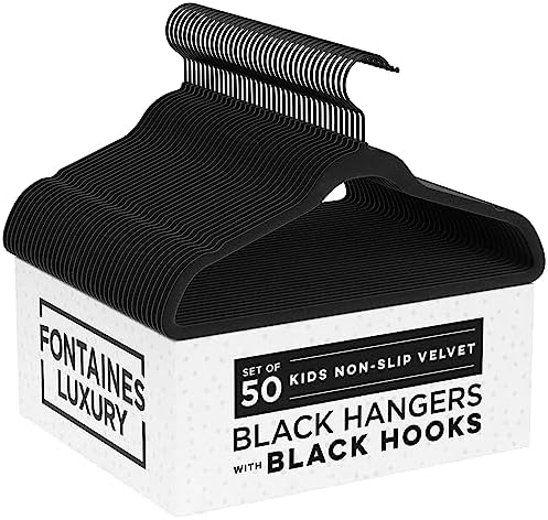 Fontaines Luxury Kid's Black Velvet Felt Non Slip Clothes Hangers 50 Pack - Ultra Slim & Space Saving - Heavy Duty Swivel Black Hook for Children's Clothing, Shirt, Dress, Skirt & Pants Organization