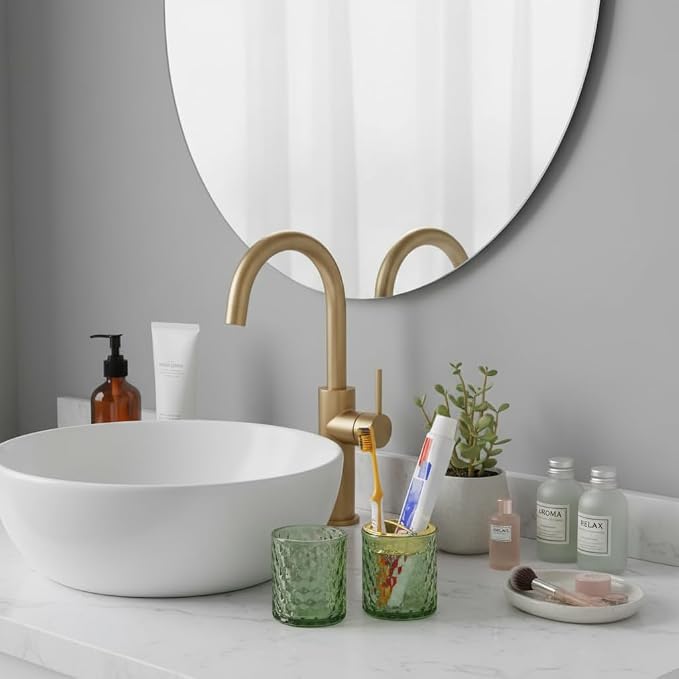 2pcs Green Toothbrush Holders for Bathrooms, Glass Toothbrush Holder and Bathroom Tumbler Set, Gold Tooth Brush Cup Holder, Bathroom Counter Organizer for Brushes, Toothpaste