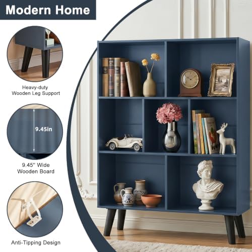 YAHARBO Blue Bookshelf,3 Tier Book Shelf with Legs, 7 Cube Minimalist Bookcase,Storage Organizer Shelves Display Bookcas