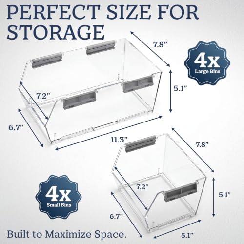 HOMESTEAD Set of 8 Stackable Storage Bins, 4 Large + 4 Small Clear Plastic Organizer Bins, Open Front Design for Kitchen