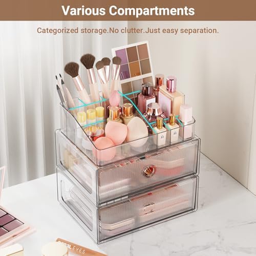 3 Tier Clear Makeup Organizer with Drawer, PET Cosmetic Storage for Dresser, Countertop & Bathroom Vanity, Holders for L