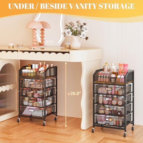 SUNALLY Rolling Makeup Cart with Drawers, Rolling Vanity Nail Cart, Black