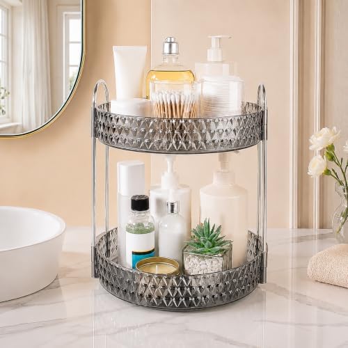 Large Capacity Rotating Makeup Organizer Perfume Stand Holder, 2 Tier Gray