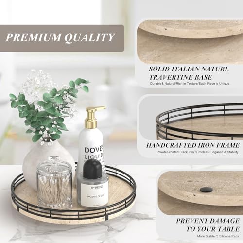 AMH 10-Inch Italian Travertine Lazy Susan with Black Metal Frame