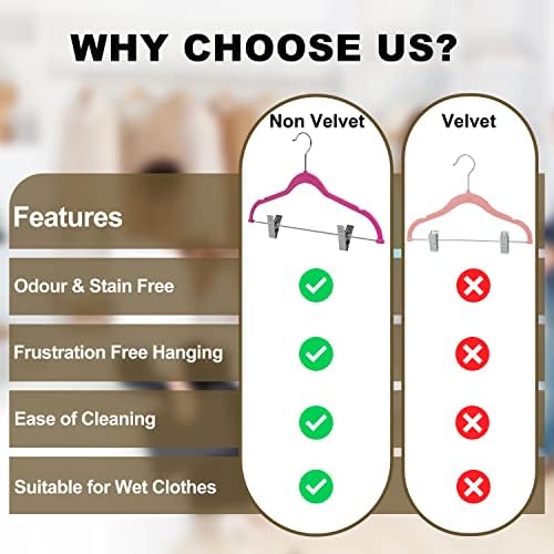 80 Pack Pink Quality Plastic Non Velvet Non-Flocked Thin Compact Coat Hangers with Metal Clips for Skirts Pants Blouses 360° Swivel Hook