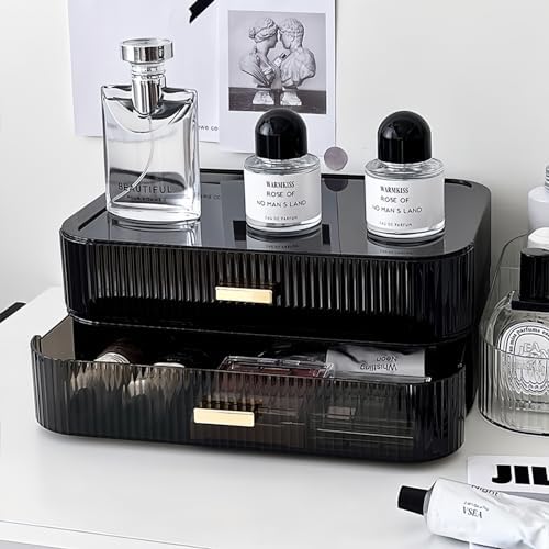 2 Pack Stackable Makeup Organizer with Drawers, Bathroom Storage for Eyeshadow Palettes, Cosmetics, and Beauty Supplies.