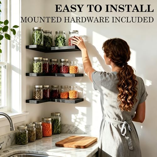 Floating Corner Shelves, Wall Shelf Set of 3, Shelves for Wall Storage, Solid Wood Shelves for Storage, Wall Mount Woode