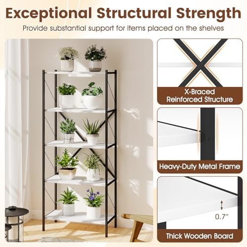 GIANTEX 5-Tier Tall Bookshelf Set of 2, Industrial Bookcase with Heavy-Duty Metal Frame, Modern Storage Book Shelf, Open