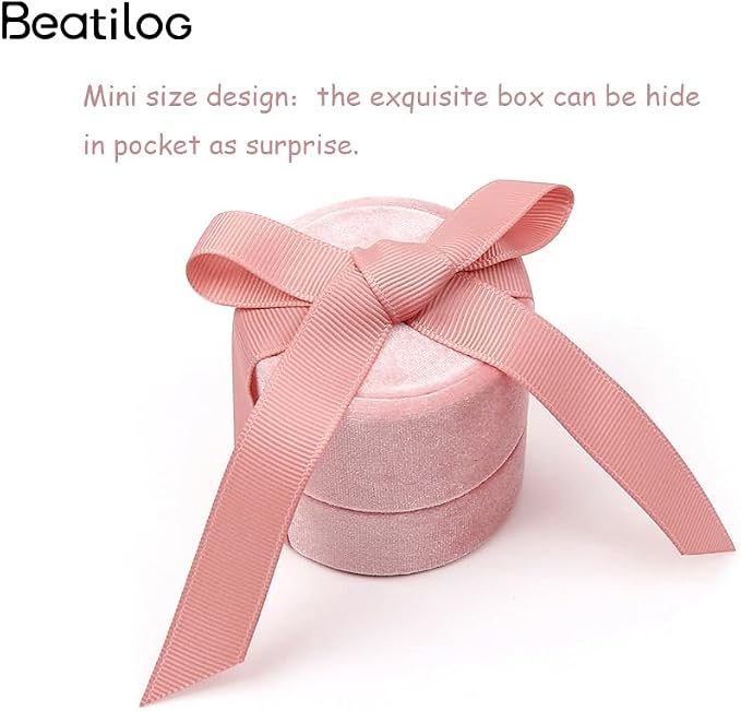 Velvet Ring Box - Gorgeous Round Wedding Ring Box with Elegant Ribbon Bow Vintage Jewelry Holder Gift Organizer for Proposal, Engagement, Ceremony, Photography (Pink Small)