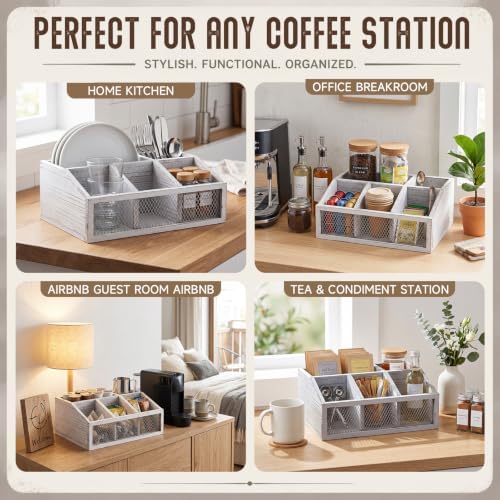 Yalikop White Wooden Coffee Bar Organizer, No Assembly, Farmhouse