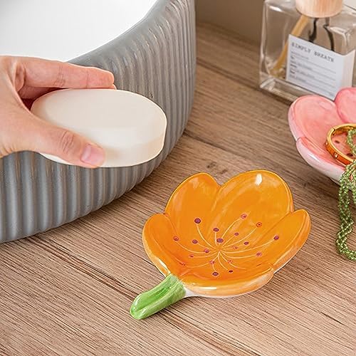 Self-Draining Soap Dish Flower Shaped Cute Shower Soap Container for Kitchen, Bathroom, Bedroom, Tulip, Orange