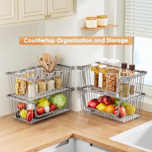 4 Pcs Stackable Wire Baskets for Pantry Organizers and Storage, Gray
