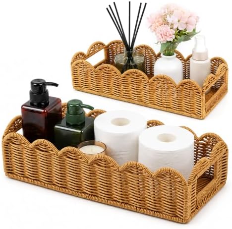 2-Piece Rattan Shelf Storage Baskets, Scalloped Edge Organizer