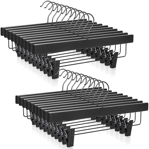 TOPIA HANGER Wooden Pants Hangers 20 Pack, Black Skirt Hanger with Clips and Rotatable Hook, Durable Rubber Wood Hangers for Skirts, Pants, Jeans, Shorts - CTS05B