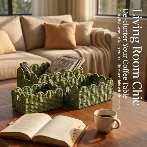 Scalloped Wicker Basket Set of 3, Hand-Woven Storage with Handles